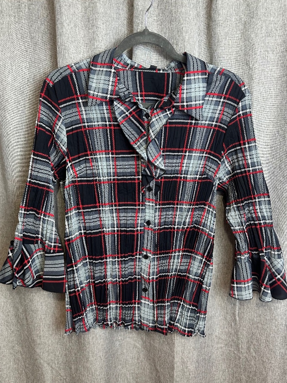 Notations Plaid Crinkle Ruffle Accent Blouse 3/4 Bell Sleeve Large